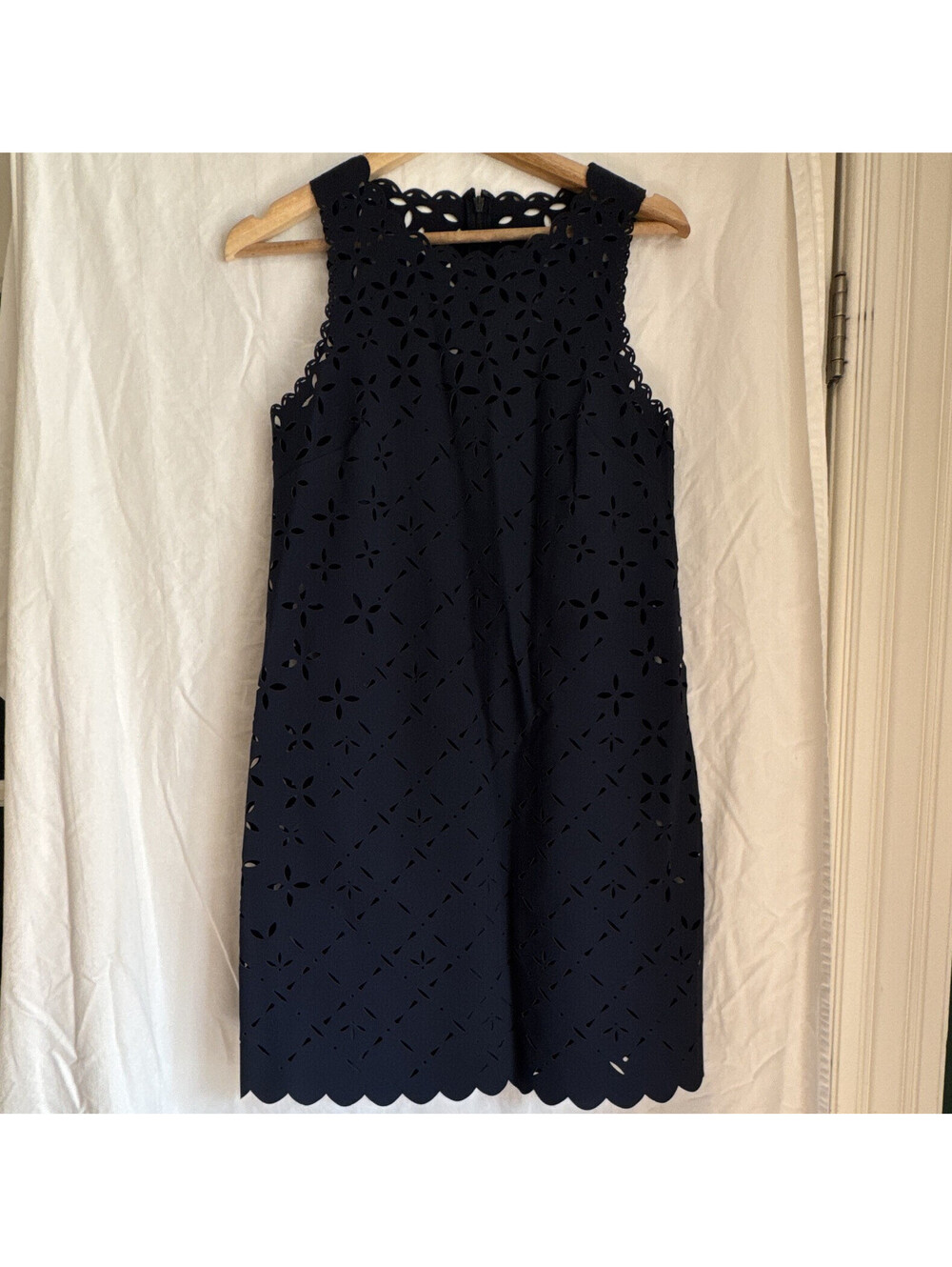 J.CREW Blue Shift Dress Laser Cut Scallop Hem Round Neck Lined Zip 4